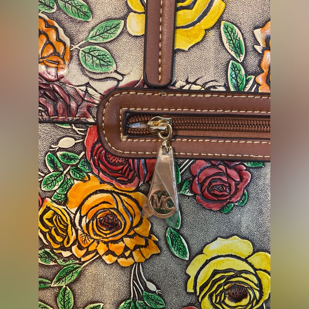 Rose Floral Embossed Leather Tote/Purse with Brown Leather Trim - Picture 7 of 16